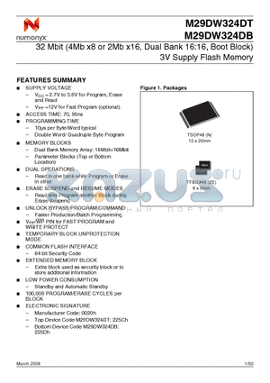 M29DW324DB70ZE1T datasheet - 32 Mbit (4Mb x8 or 2Mb x16, Dual Bank 16:16, Boot Block) 3V Supply Flash Memory