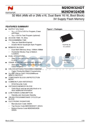 M29DW324DB70ZE1E datasheet - 32 Mbit (4Mb x8 or 2Mb x16, Dual Bank 16:16, Boot Block) 3V Supply Flash Memory