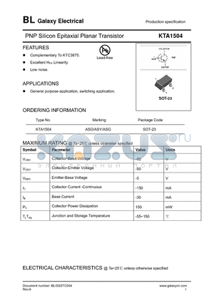 KTA1504 datasheet - PNP Silicon Epitaxial Planar Transistor