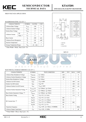 KTA1520S datasheet - EPITAXIAL PLANAR PNP TRANSISTOR