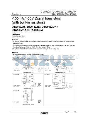 DTA143ZE datasheet - -100mA / -50V Digital transistors (with built-in resistors)