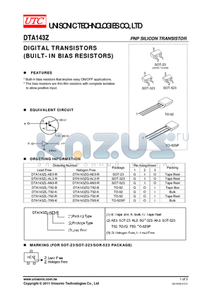 DTA143ZG-AE3-R datasheet - DIGITAL TRANSISTORS