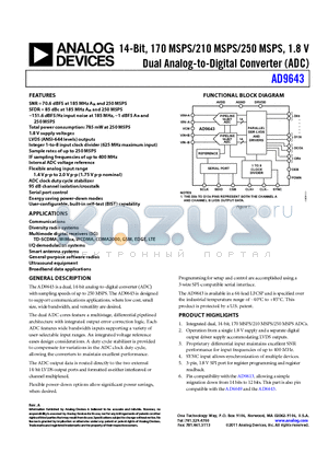 AD9643 datasheet - 14-Bit, 170 MSPS/210 MSPS/250 MSPS, 1.8 V Dual Analog-to-Digital Converter (ADC)