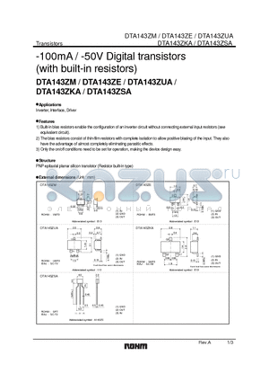 DTA143ZM datasheet - -100mA / -50V Digital transistors (with built-in resistors)