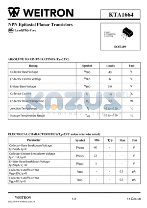 KTA1664 datasheet - NPN Epitaxial Planar Transistors