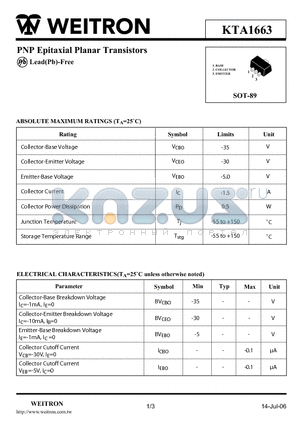 KTA1663 datasheet - PNP Epitaxial Planar Transistors