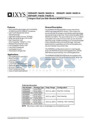 IXDF402SI datasheet - 2 Ampere Dual Low-Side Ultrafast MOSFET Drivers