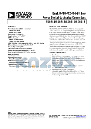 AD9714 datasheet - Dual, 8-/10-/12-/14-Bit Low Power Digital-to-Analog Converters