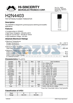 H2N4403 datasheet - PNP EPITAXIAL PLANAR TRANSISTOR