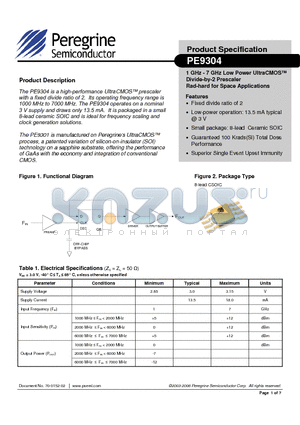 9304-11 datasheet - 1 GHz - 7 GHz Low Power UltraCMOS Divide-by-2 Prescaler Rad-hard for Space Applications