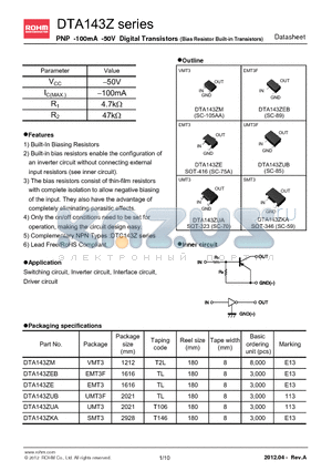 DTA143ZUAT106 datasheet - PNP -100mA -50V Digital Transistors