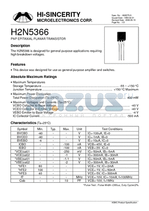 H2N5366 datasheet - PNP EPITAXIAL PLANAR TRANSISTOR