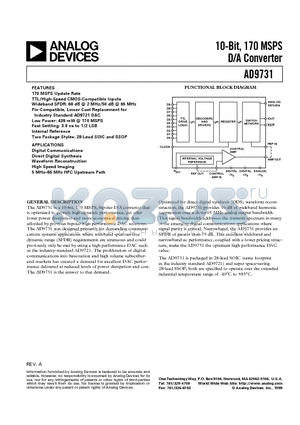 AD9731 datasheet - 10-Bit, 170 MSPS D/A Converter