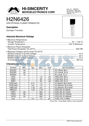H2N6426 datasheet - NPN EPITAXIAL PLANAR TRANSISTOR