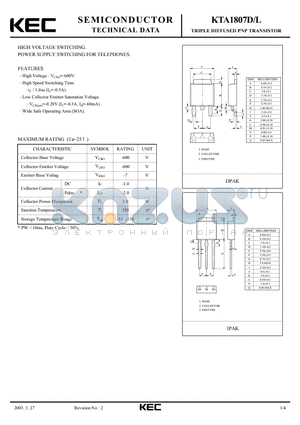 KTA1807L datasheet - TRIPLE DIFFUSED PNP TRANSISTOR(HIGH VOLTAGE SWITCHING POWER SUPPLY SWITCHING FOR TELEPHONES)
