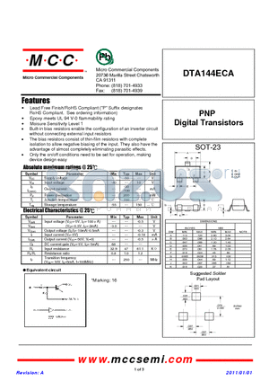 DTA144ECA datasheet - PNP Digital Transistors