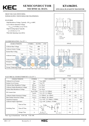 KTA1862D datasheet - EPITAXIAL PLANAR PNP TRANSISTOR (HIGH VOLTAGE SWITCHING POWER SUPPLY SWITCHING FOR TELEPHONES)