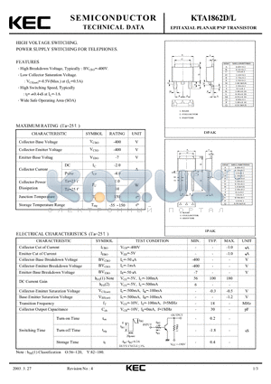 KTA1862L datasheet - EPITAXIAL PLANAR PNP TRANSISTOR (HIGH VOLTAGE SWITCHING POWER SUPPLY SWITCHING FOR TELEPHONES)