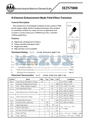 H2N7000 datasheet - N-Channel Enhancement Mode Field Effect Transistor