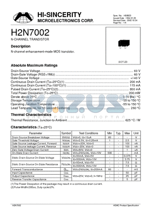 H2N7002 datasheet - N-CHANNEL TRANSISTOR