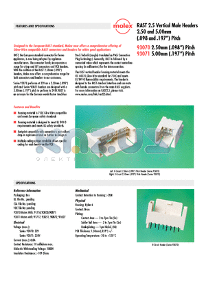 93070-2001 datasheet - RAST 2.5 Vertical Male Headers 2.50 and 5.00mm