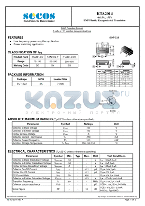 KTA2014 datasheet - -0.15A , -50V PNP Plastic Encapsulated Transistor