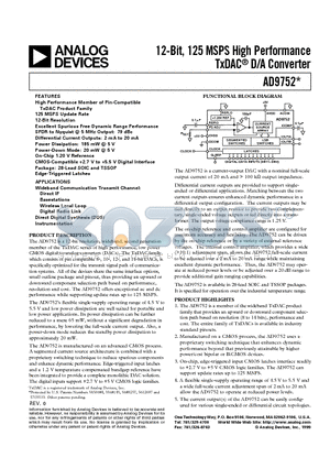 AD9752 datasheet - 12-Bit, 125 MSPS High Performance TxDAC D/A Converter