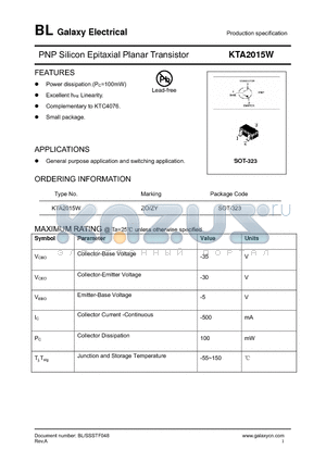 KTA2015W datasheet - PNP Silicon Epitaxial Planar Transistor