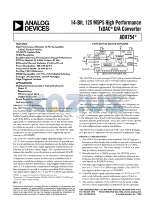 AD9754ARU datasheet - 14-Bit, 125 MSPS High Performance TxDAC D/A Converter