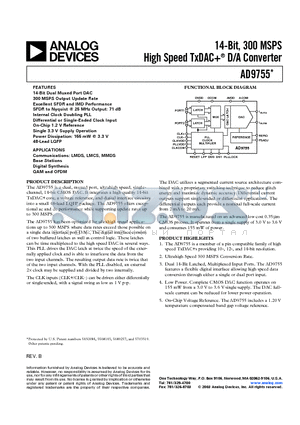 AD9755 datasheet - 14-Bit, 300 MSPS High Speed TxDAC D/A Converter