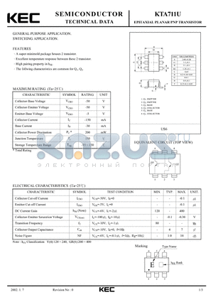 KTA711U datasheet - EPITAXIAL PLANAR PNP TRANSISTOR (GENERAL PURPOSE, SWITCHING)