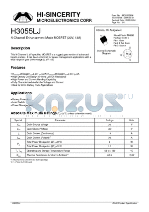 H3055LJ datasheet - N-Channel Enhancement-Mode MOSFET (20V, 13A)