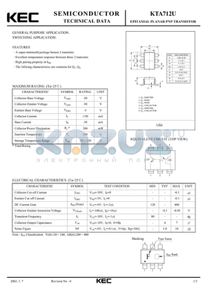 KTA712U datasheet - EPITAXIAL PLANAR PNP TRANSISTOR (GENERAL PURPOSE, SWITCHING)