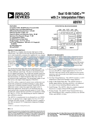 AD9761ARS datasheet - Dual 10-Bit TxDAC with 2x Interpolation Filters