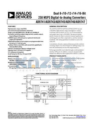 AD9746BCPZRL datasheet - Dual 8-/10-/12-/14-/16-Bit 250 MSPS Digital-to-Analog Converters