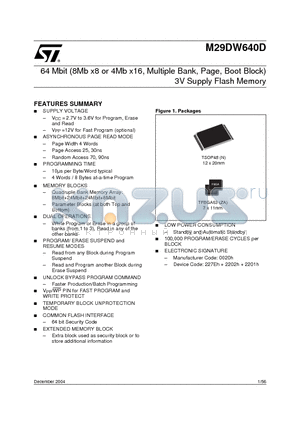 M29DW640D70N1T datasheet - 64 Mbit (8Mb x8 or 4Mb x16, Multiple Bank, Page, Boot Block) 3V Supply Flash Memory