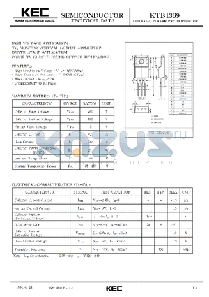 KTB1369 datasheet - EPITAXIAL PLANAR PNP TRANSISTOR (HIGH VOLTAGE TV, MONITOR VERTICAL OUTPUT, DRIVER STAGE, COLOR TV CLASS B SOUND OUTPUT)