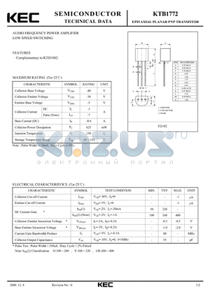 KTB1772 datasheet - EPITAXIAL PLANAR PNP TRANSISTOR (AUDIO FREQUENCY  POWER AMPLIFIER LOW SPEED SWITCHING)