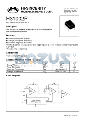 H31002P datasheet - BIPOLAR TONE RINGER ICS