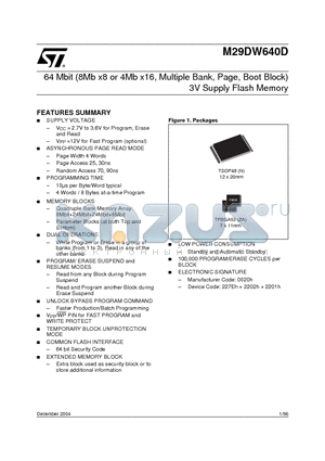 M29DW640D70ZA6E datasheet - 64 Mbit (8Mb x8 or 4Mb x16, Multiple Bank, Page, Boot Block) 3V Supply Flash Memory