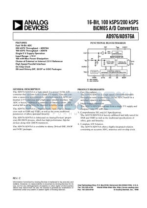 AD976ABR datasheet - 16-Bit, 100 kSPS/200 kSPS BiCMOS A/D Converters