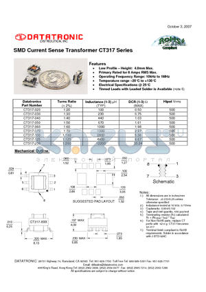 CT317-030 datasheet - SMD Current Sense Transformer