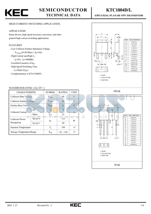 KTC1804 datasheet - EPITAXIAL PLANAR NPN TRANSISTOR (HIGH CURRENT SWITCHING)