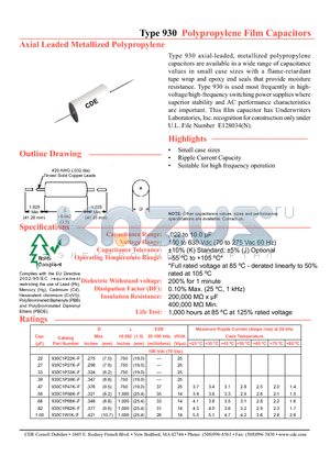 930C1W3P9K-F datasheet - Polypropylene Film Capacitors Axial Leaded Metallized Polypropylene