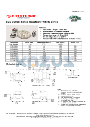 CT319-070 datasheet - SMD Current Sense Transformer