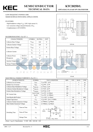 KTC2025D datasheet - EPITAXIAL PLANAR NPN TRANSISTOR (LOW FREQUENCY POWER AMP, MEDIUM SPEED SWITCHING)