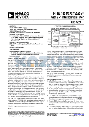 AD9772AAST datasheet - 14-Bit, 160 MSPS TxDAC with 2x Interpolation Filter