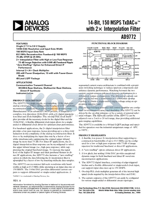 AD9772AST datasheet - 14-Bit, 150 MSPS TxDAC with 2x Interpolation Filter