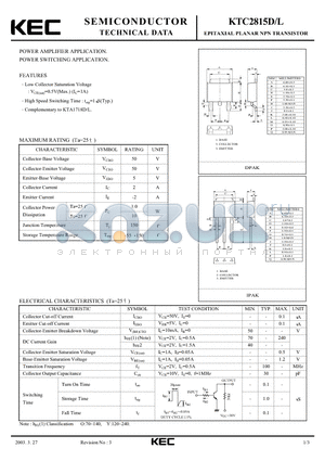 KTC2815L datasheet - EPITAXIAL PLANAR NPN TRANSISTOR (POWER AMPLIFIER, POWER SWITCHING)