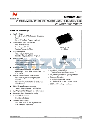 M29DW640F70ZE6E datasheet - 64 Mbit (8Mb x8 or 4Mb x16, Multiple Bank, Page, Boot Block) 3V Supply Flash Memory